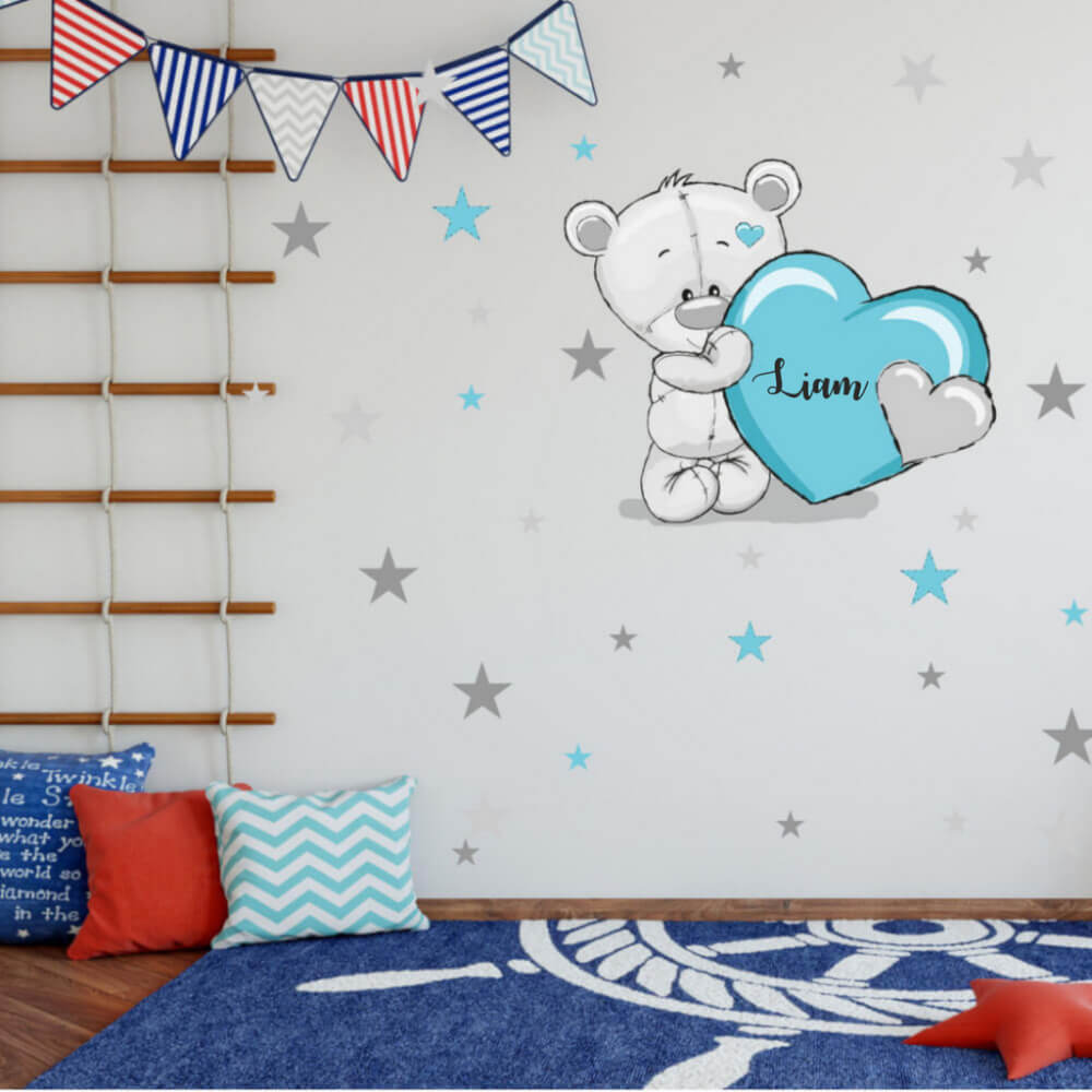 Bērnu sienas uzlīmes, zils lācītis ar zvaigznēm un vārdu